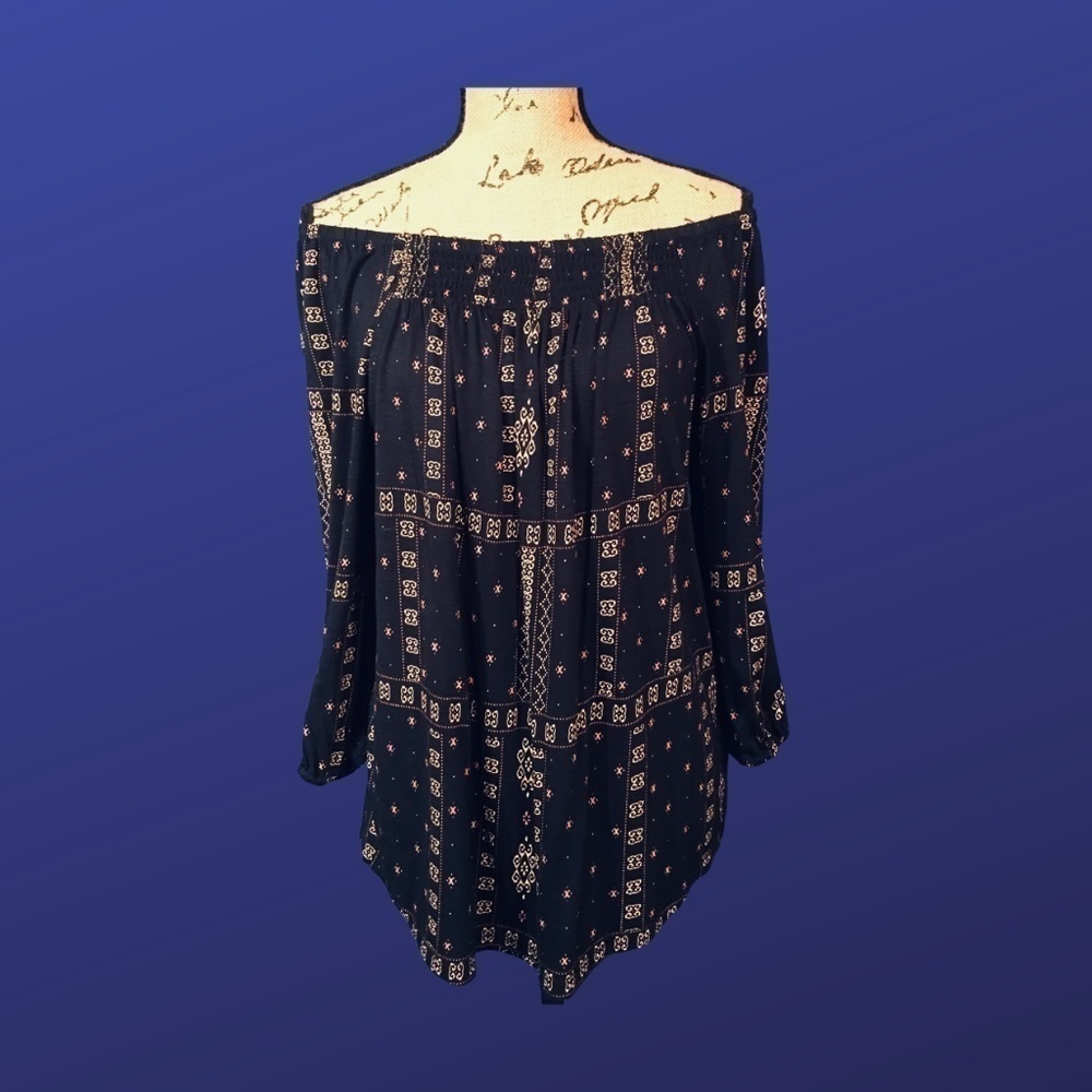 MAURICES Off Shoulder Tunic Top, NAVY/CORAL/CREAM Ethnic Print, Size M, NWOT
